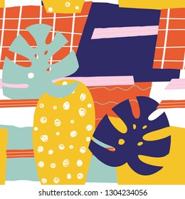 Contemporary seamless pattern with abstract shapes and tropical leaves. Vector hand drawn illustration.
