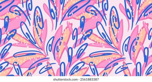 Contemporary seamless pattern with abstract swirling shapes. Unique pink and blue background. Vector hand drawn. Organic shapes, flowing lines, and dynamic composition print. Perfect design