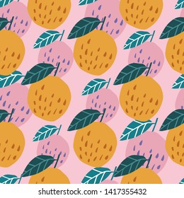 Contemporary seamless pattern with apples and leaves on pink background. Cute apples in hand drawn style. Design for fabric, textile print, wrapping paper, children textile. Vector illustration