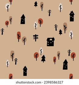 Contemporary seamless pattern Autumn forest. Modern design for clothes, fabric, paper, cover, interior decoration. Vector texture.