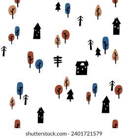 Contemporary seamless pattern Autumn forest. Modern design for clothes, fabric, paper, cover, interior decoration. Vector texture.