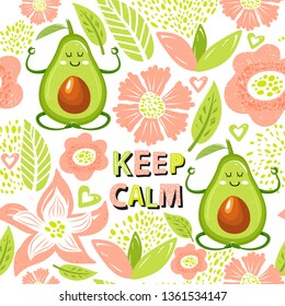 Contemporary seamless pattern with avocado character in yoga pose, flowers, leaves, lettering and abstract elements. Creative floral collage. Vector texture.