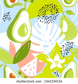 Contemporary seamless pattern with avocado fruits, watermelon, leaves and abstract elements. Creative floral collage. Vector texture for textile, wrapping paper, packaging etc.