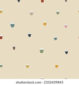 Zeitgenössisches, nahtloses Muster mit Kuchen, Brötchen, Teeköcken, Cupcakes. Modernes Design für Kleidung, Stoff, Papier, Deckel, Innenausstattung. Vektorstruktur. EPS10
