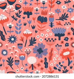 Contemporary seamless pattern with colorful abstract flowers. Floral design for fabrics, print, wallpaper, scrapbooking. Vector illustration