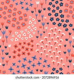 Contemporary seamless pattern with colorful abstract flowers. Floral collage design for fabrics, print, scrapbooking. Vector illustration