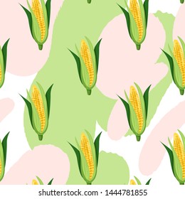 Contemporary seamless pattern with corn vegetable and abstract background. Creative floral collage. Vector texture for textile, wrapping paper, scrapbooking, packaging etc. Vector illustration.