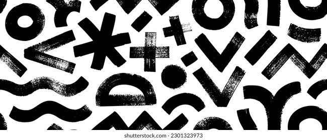 Contemporary seamless pattern with geometric shapes and bold brush drawn figures. Abstract organic shapes pattern. Crosses, asterisk, zigzag and wavy lines, circles and dots. Hand drawn banner.