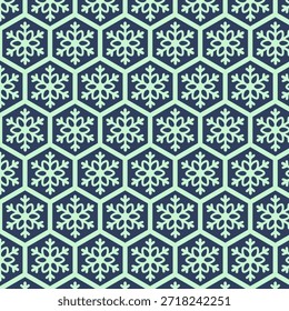 Patrón contemporáneo sin fisuras con copos de nieve verde helado en baldosas de metal azul. Ideal para gráficos modernos de invierno, embalaje, textiles y fondos digitales.