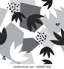 Contemporary seamless pattern ith abstract geometric shapes and floral leaves. Avant-garde modern collage style. 
