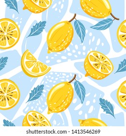 Contemporary seamless pattern with lemon, lemon slice, mint leaves and abstract element. Texture for textile, wrapping paper, scrapbooking, packaging etc. Vector.