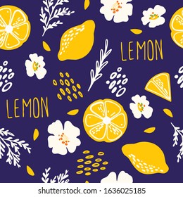 Contemporary seamless pattern with lemon, lemon slice,leaves and abstract element,blue background. Texture for textile, wrapping paper, scrapbooking, packaging etc. Vector.