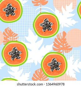 Contemporary seamless pattern with papaya slices and abstract elements. Healthy eating. Vector texture for textile, postcard, wrapping paper, packaging etc. Vector illustration.