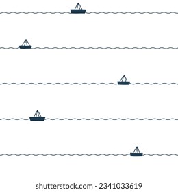 Contemporary seamless pattern with paper ship on calm waves. Modern marine design for clothes, fabric, paper, cover, interior decoration. Vector texture. EPS 10