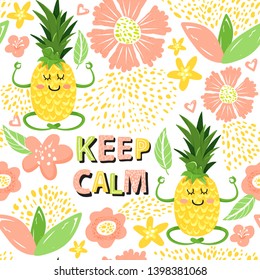 Contemporary seamless pattern with pineapple character in yoga pose, flowers, leaves, lettering and abstract elements. Creative floral collage. Vector texture.
