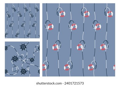 Contemporary seamless pattern set. Marine concept. Modern design for clothes, fabric, paper, cover, interior decoration, background, banner, card, poster, book, notebook, exercise book. Vector.
