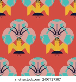 Contemporary seamless pattern with symmetrical flowers made of geometric shapes with different textures. Vector print, background, design 