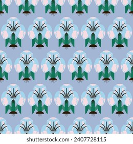 Contemporary seamless pattern with symmetrical flowers made of geometric shapes with different textures. Vector print, background, design 