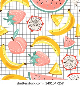 Contemporary seamless pattern with tropical fruits. Summer vibes. Texture for textile, wrapping paper, packaging etc. Vector illustration on checkered background.