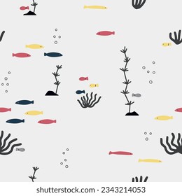 Contemporary seamless pattern with undersea wildlife fishes on gray background. Modern design for clothes, fabric, paper, cover, interior decoration. Vector texture.