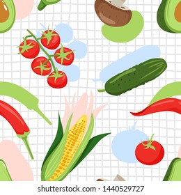 Contemporary seamless pattern with various vegatetable and abstract elements. Vector texture for textile, wrapping paper, scrapbooking, packaging etc. Vector illustration.