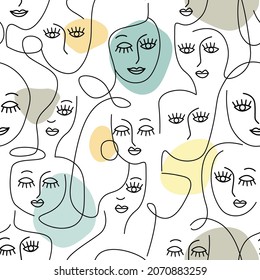 Contemporary seamless pattern of women's faces drawn by hand with a single line. Beautiful abstract females with different emotions. Vector graphics.