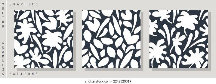 Contemporary seamless patterns made of abstract floral shapes and forms. Trendy primitively minimalist design elements. Vector template