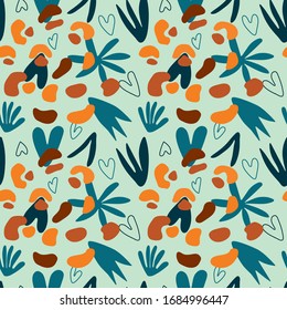 contemporary seamless repeat pattern with animal skins, plants and heart shapes