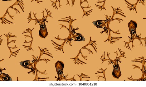 Contemporary seamless vector colored golden background with elk heads and antlers.