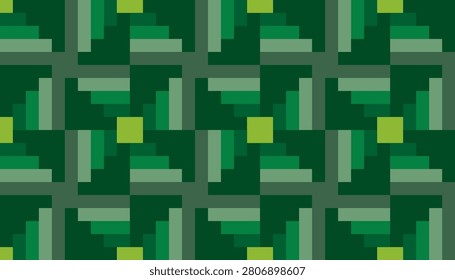 Contemporary seamless vector wallpaper with rhythmic stair-like geometric elements in forest green tones