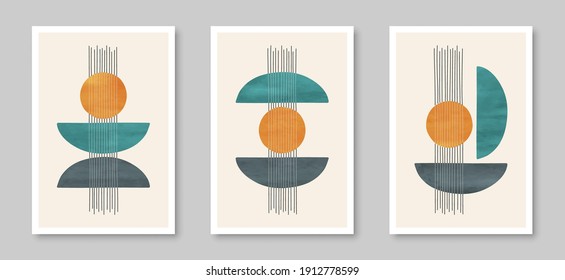 Contemporary set of abstract creative minimalist  compositions for wall decoration, postcard or brochure cover design in vintage style art.  
EPS10 vector.