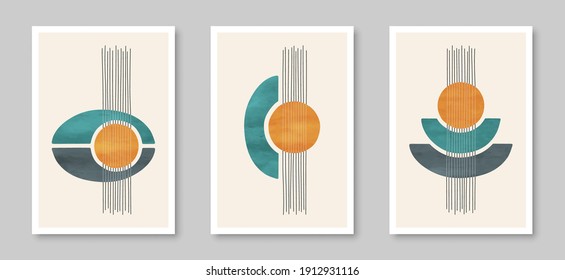 Contemporary set of abstract creative minimalist  compositions for wall decoration, postcard or brochure cover design in vintage style art.  
EPS10 vector.