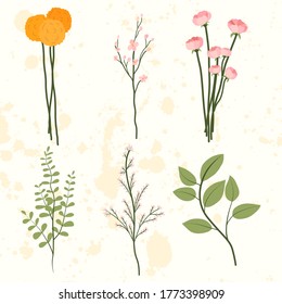 Zeitgenössisches Set mit Blumen und Laub Ast. Kirschblüte, grüne Blätter Äste, gelbe Kronleuchter, Vektorvorlage.