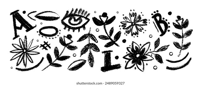 Contemporary set with geometric shapes and bold charcoal drawn figures. Abstract organic collection with flowers, asterisk, eyes, letters, wavy lines, circles and dots. Hand drawn banner.