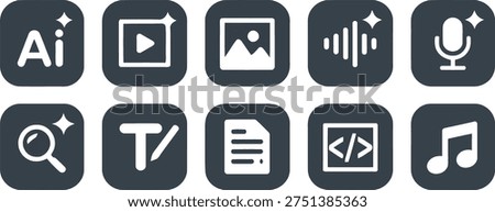 A contemporary set of icons for digital applications, featuring AI, media, image, audio, search, text, document, and coding symbols.