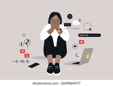 In a contemporary setting, an individual sits on the floor, hands covering their face, surrounded by numerous digital notifications and a laptop, illustrating the weight of constant distractions