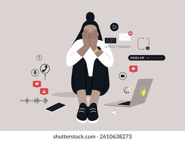 In a contemporary setting, an individual sits on the floor, hands covering their face, surrounded by numerous digital notifications and a laptop, illustrating the weight of constant distractions