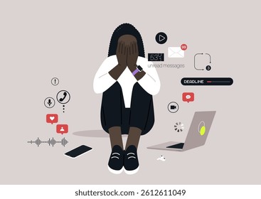In a contemporary setting, an individual sits on the floor, hands covering their face, surrounded by numerous digital notifications and a laptop, illustrating the weight of constant distractions