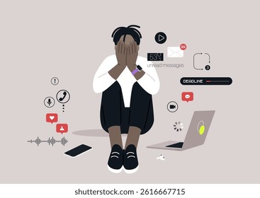In a contemporary setting, an individual sits on the floor, hands covering their face, surrounded by numerous digital notifications and a laptop, illustrating the weight of constant distractions