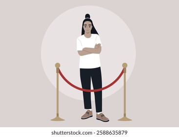 In a contemporary setting, a poised person stands in front of a red velvet rope, arms crossed and a confident expression, embodying a sense of exclusivity and self-assuredness