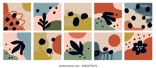 Contemporary shapes collages. Abstract spots and dots. Doodle backgrounds. Primitive casual style. Paintbrush strokes. Square cards. Modern trendy design elements. Garish