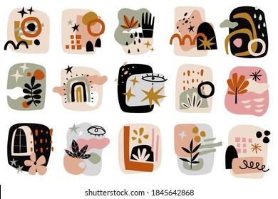 Contemporary shapes graphics collages. Modern doodle various abstract objects blob shapes trendy geometric forms leaves and flowers, creative hand drawn scribbles primitive style, vector cartoon set