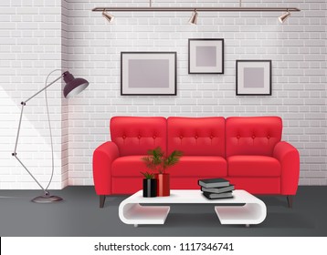 Contemporary simple clean living room interior design detail with stunning leather red sofa accent realistic vector illustration 