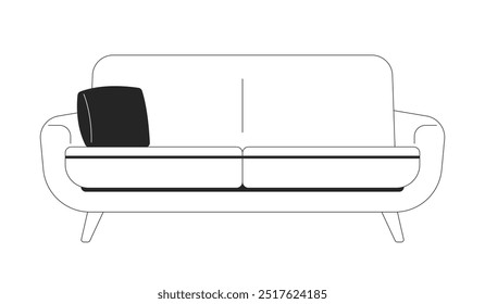 Contemporary sofa with cushion black and white 2D line object. Interior design throw pillow couch isolated clip art vector outline item. Livingroom furniture seat. Monochromatic spot illustration