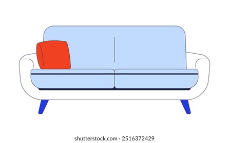 Contemporary sofa with red cushion 2D cartoon object. Interior design throw pillow couch isolated element flat vector clipart on white background. Livingroom furniture seating. Spot illustration