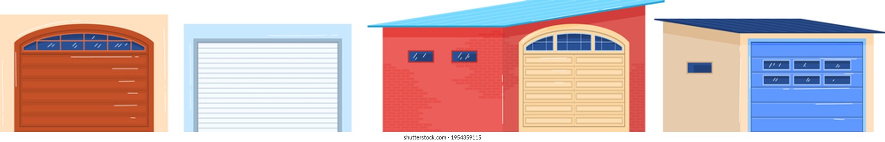 Contemporary solid garage, beautiful door, building for storage transport, cartoon style vector illustration, isolated on white.