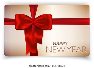 Contemporary solid Happy New Year card with red bow and red ribbon. Vector illustration.