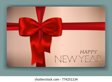 Contemporary solid Happy New Year card with red bow and red ribbon. Vector illustration.