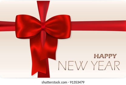 Contemporary solid Happy New Year card with red bow and red ribbon. Vector illustration.