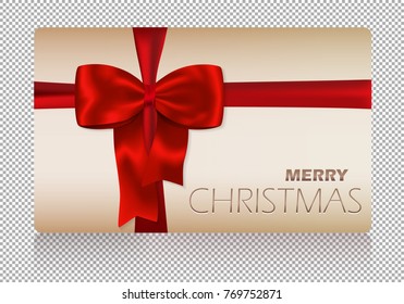 Contemporary solid Merry Christmas card with red bow and red ribbon on transparent background. Vector illustration.